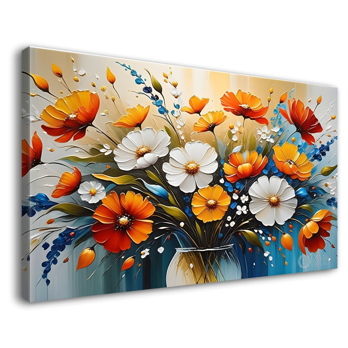 Colorful flowers in blue background canvas painting- Flower-286