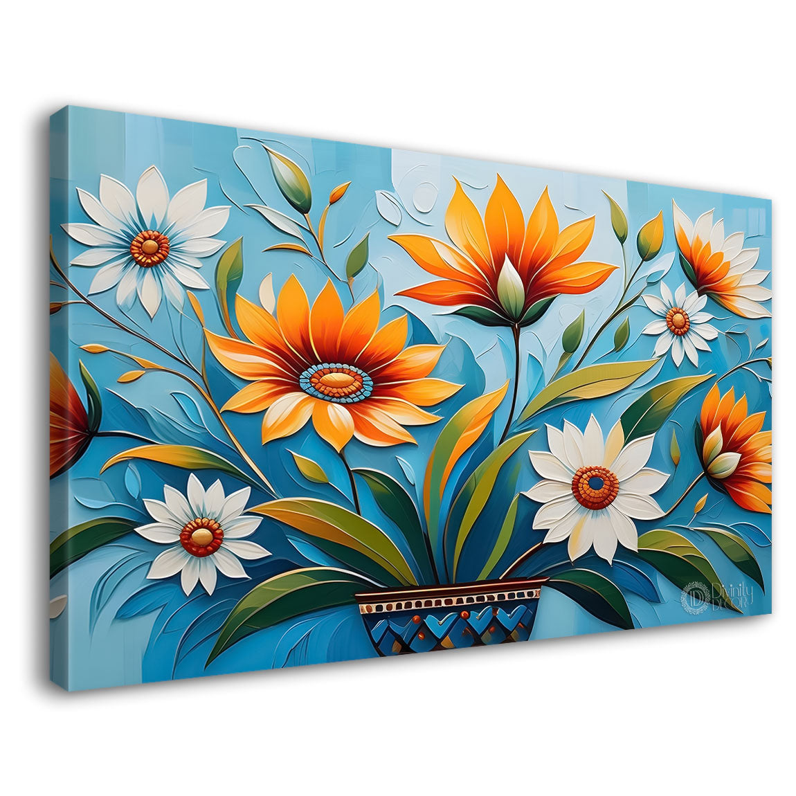 Colorful flowers in blue background canvas painting- Flower-287