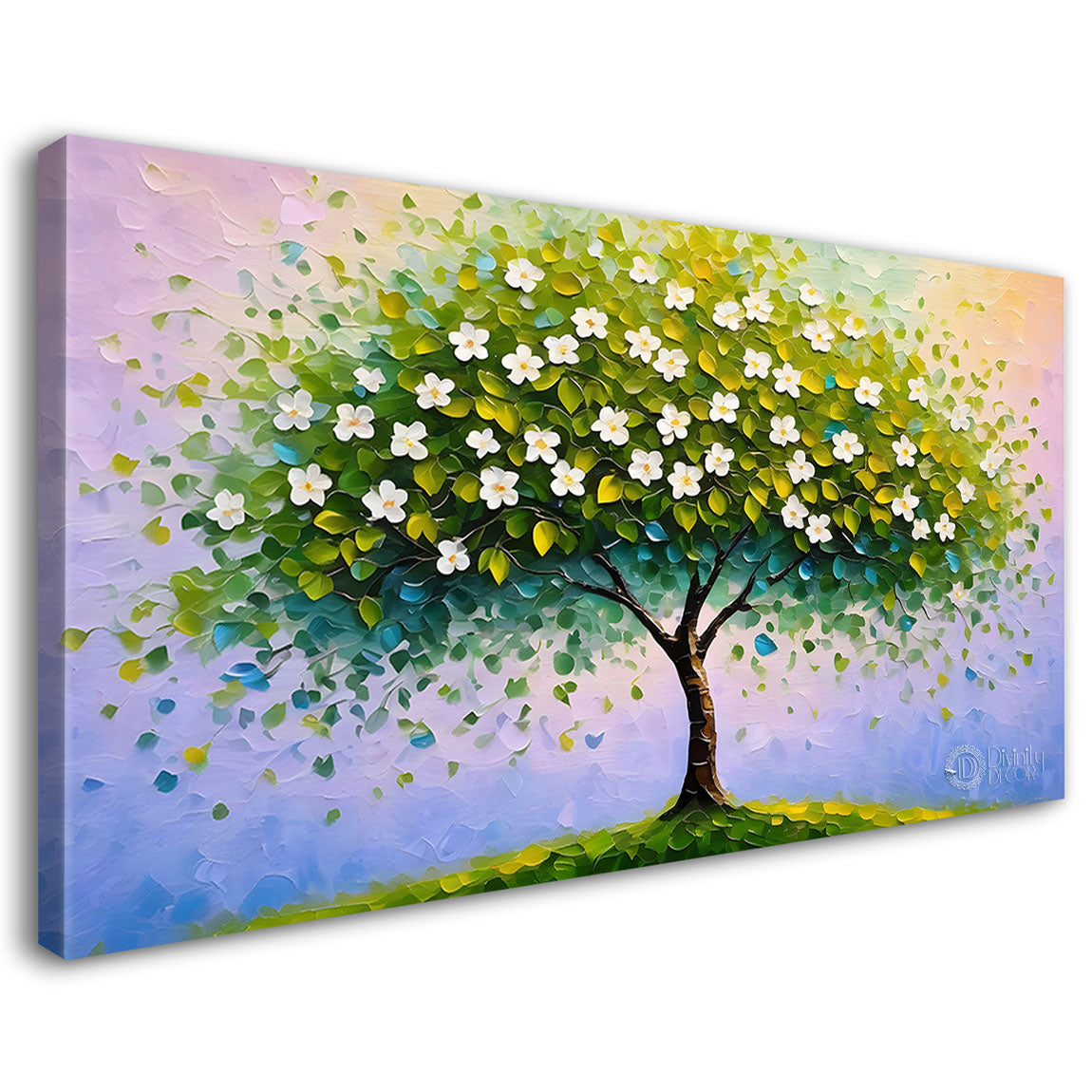 White flower tree in textured background oil painting- Design - Tree-288
