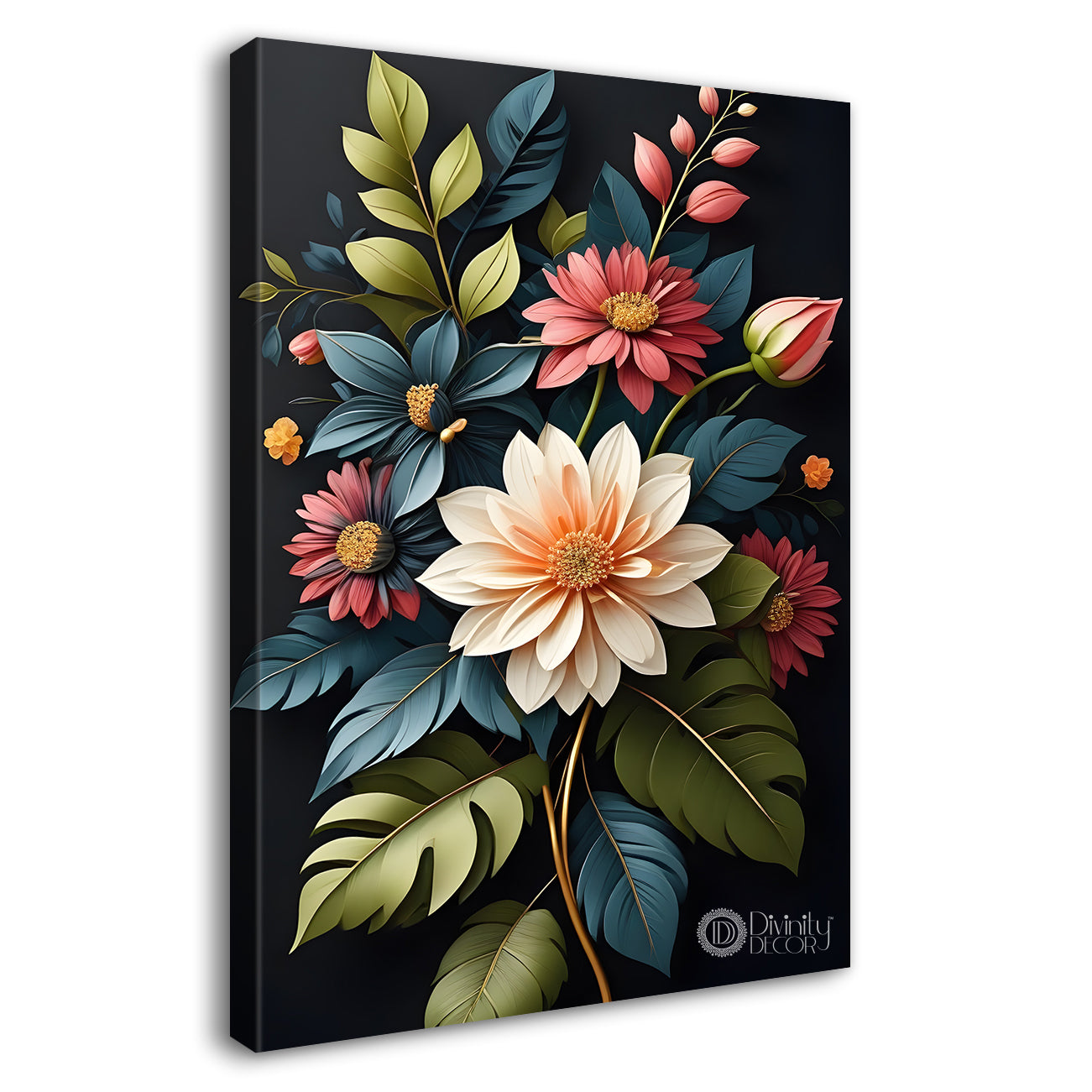 Colourful flowers in grey textured background painting- Flower-V-288