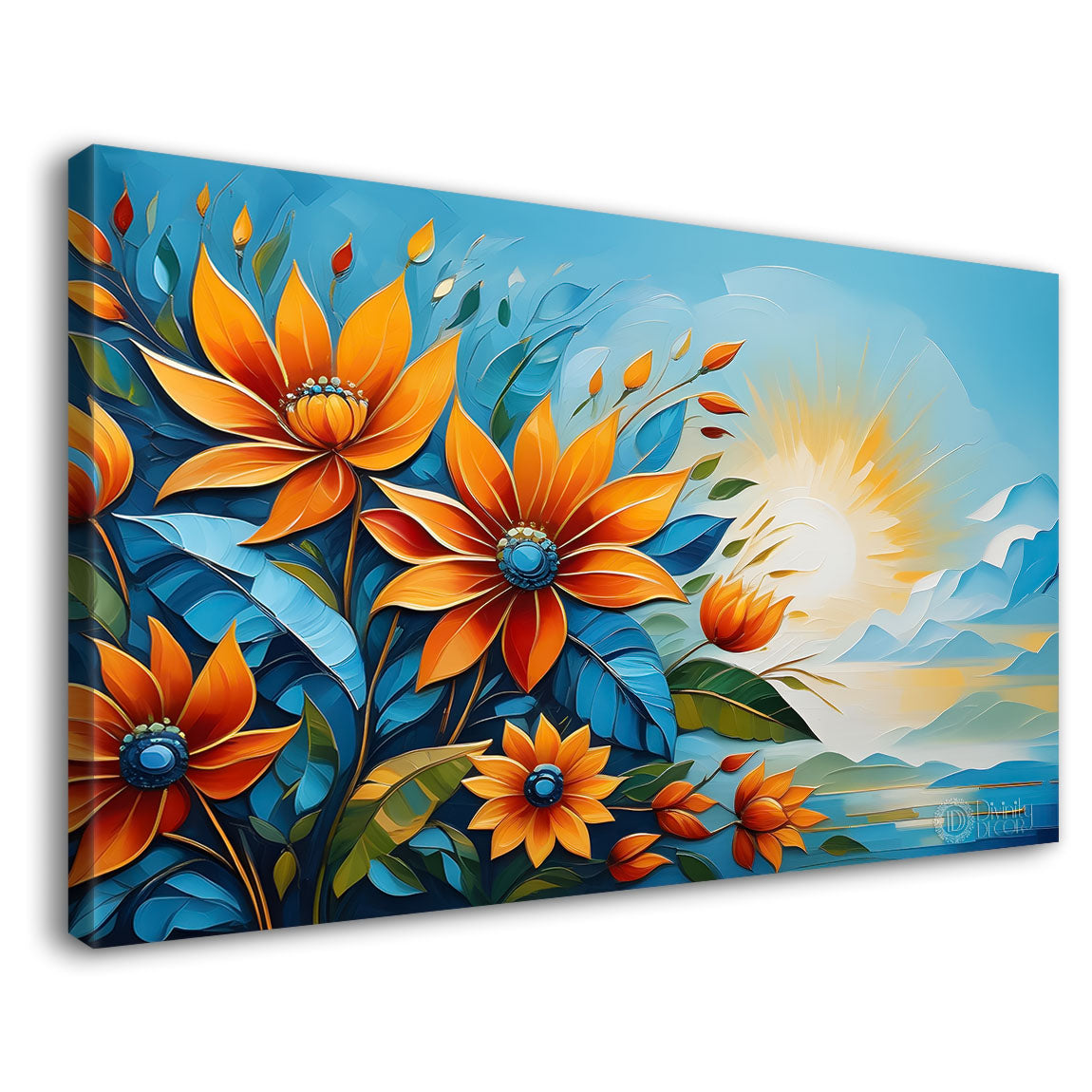 Orange flowers in sunrise background canvas painting- Flower-289