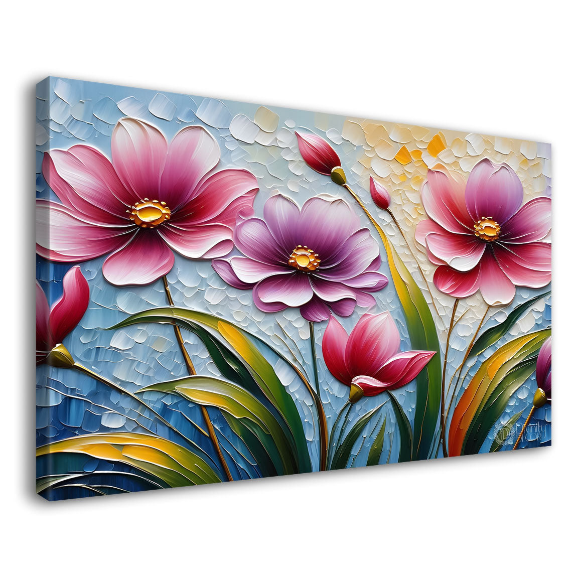 Pink flowers with blue textured painting- Design - Flower-28