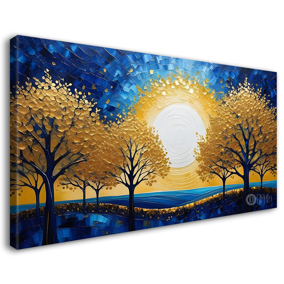 Golden trees with sun textured modern art Canvas Painting - Design - Tree-28