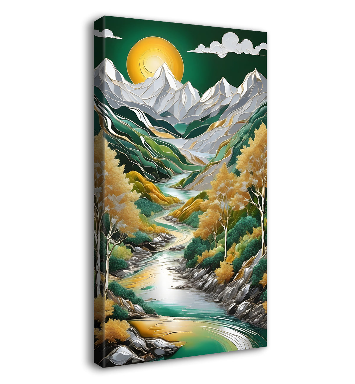 Green mountains with golden treesand white moon textured natural art Canvas Painting - Nature Art -V-28