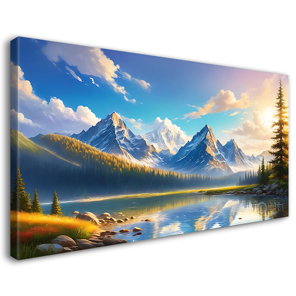 Mountains with cloudy sky and river in textured natural art Canvas Painting - Nature Art -28