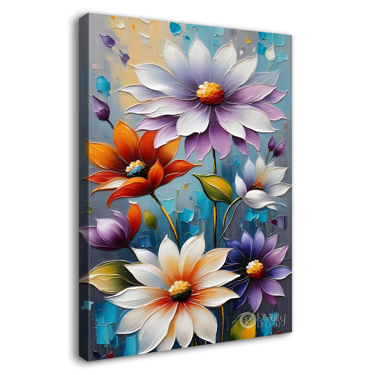 Colourful flowers in blue textured background painting - Flower-V-28