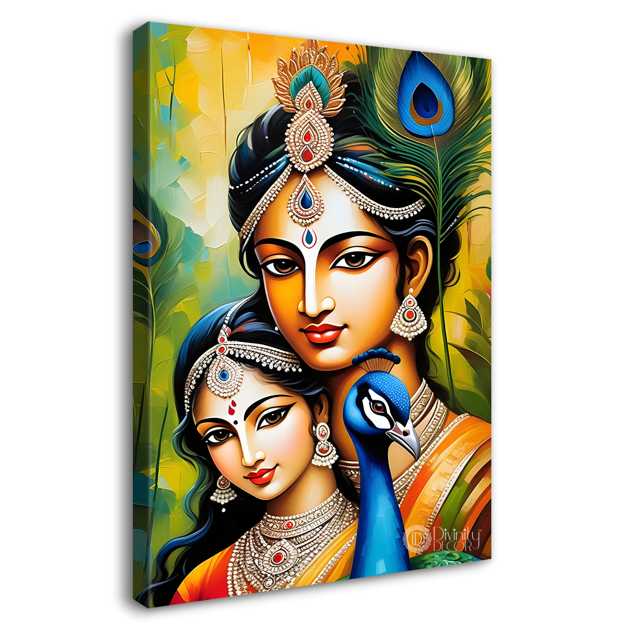 Krishna with radha in peacock feathers background textured art Canvas Painting - Design - Krishna-V-28