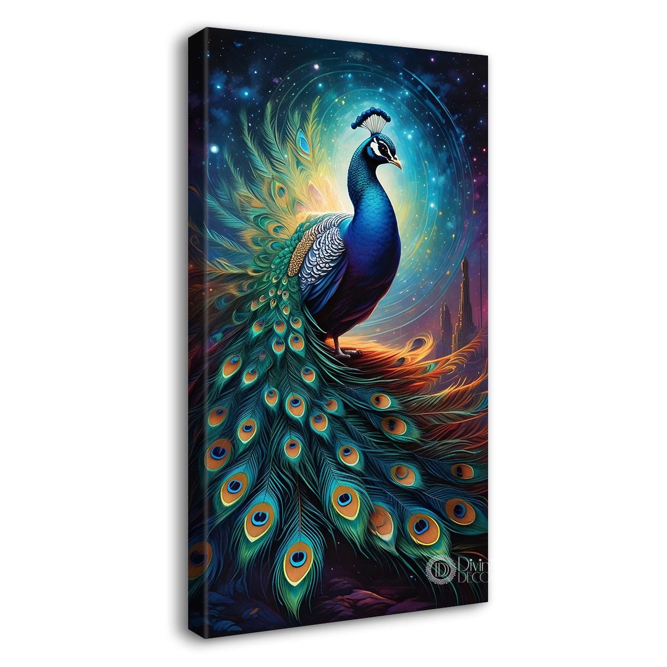Peacock in front of moon with blue background modern art painting   - Design - Peacock-V-28