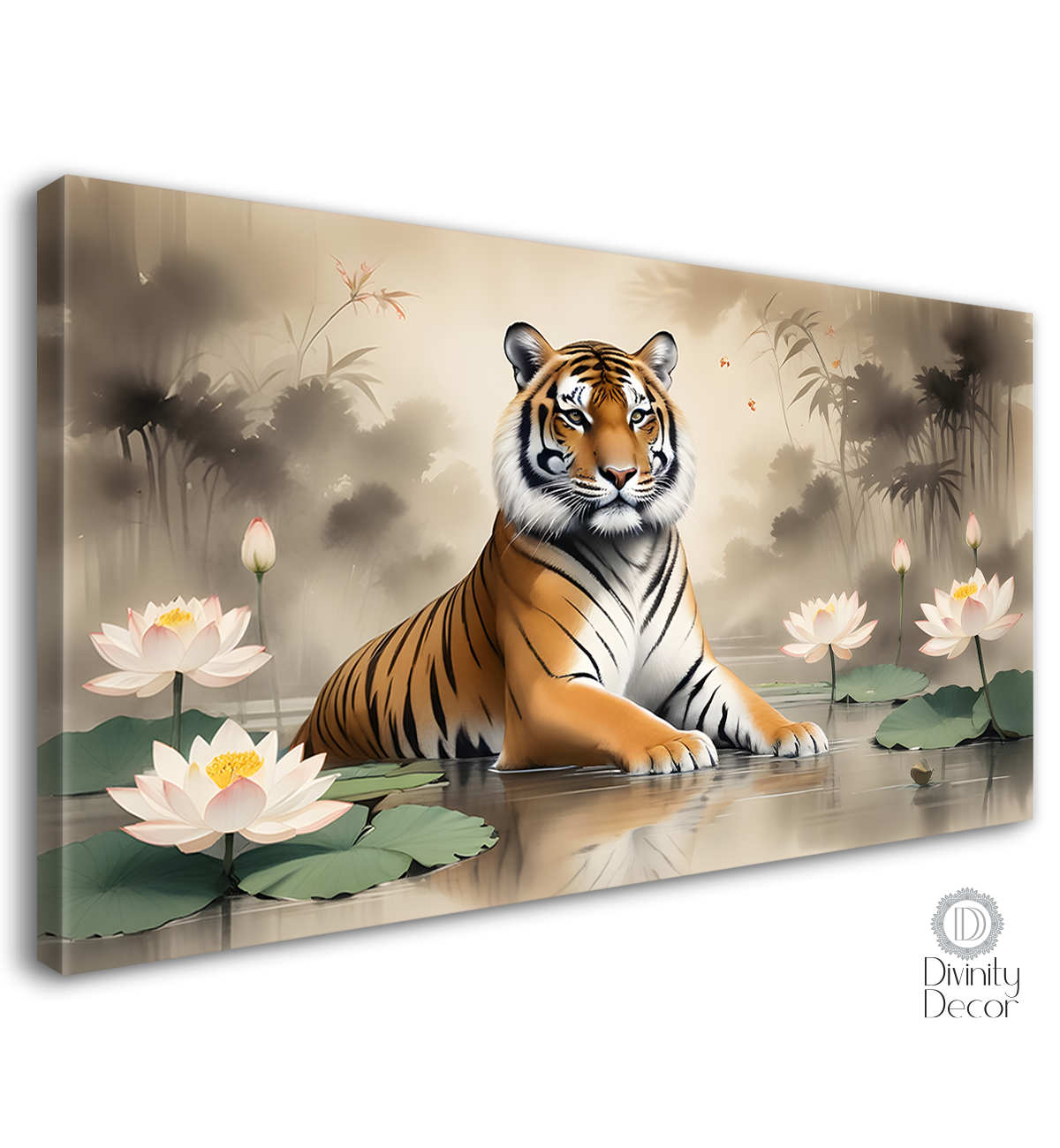 Tiger with lotus in light background textured art.- Design - Animal -28
