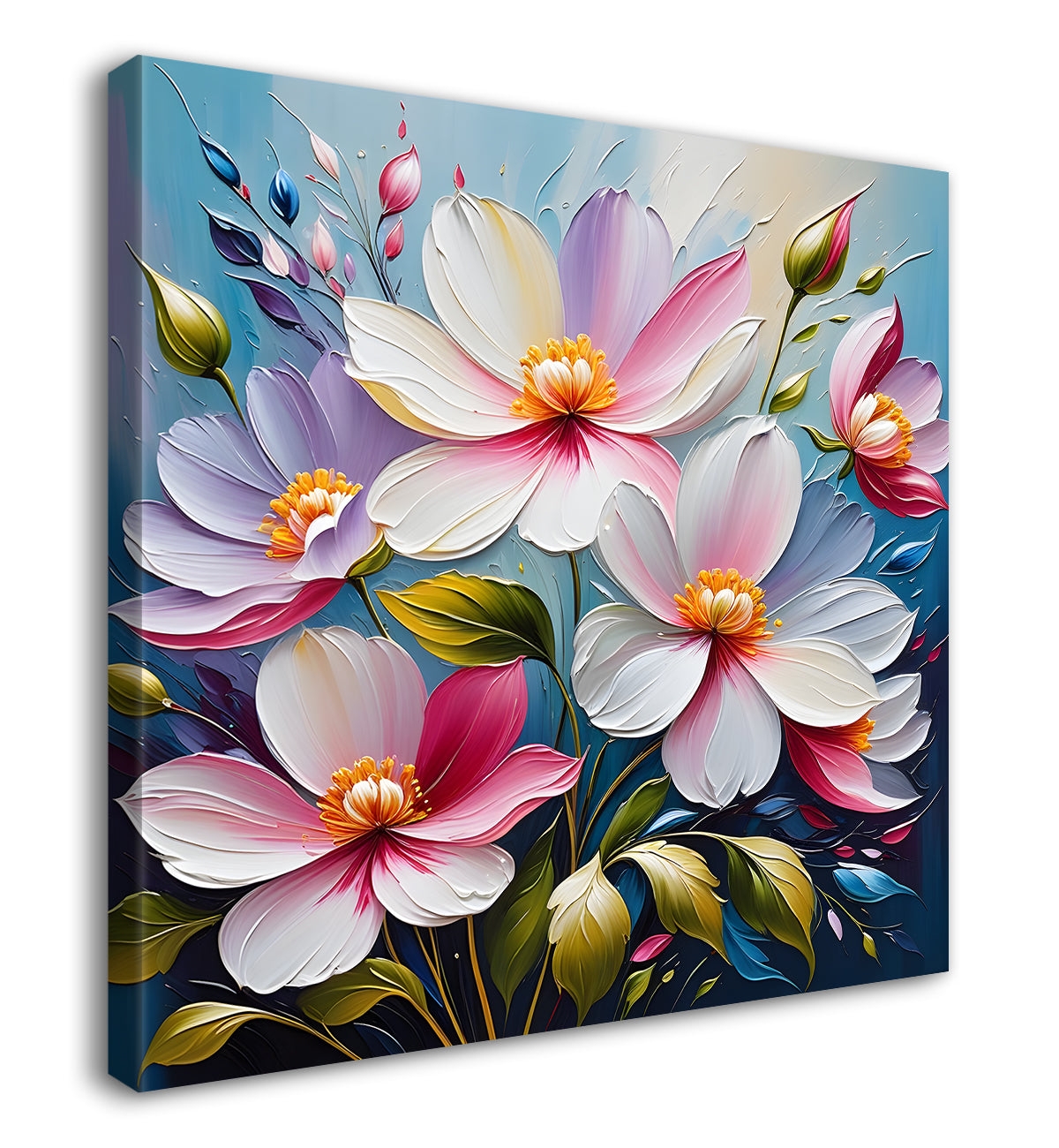 White flowers in blue background textured painting  - Flower-S-28