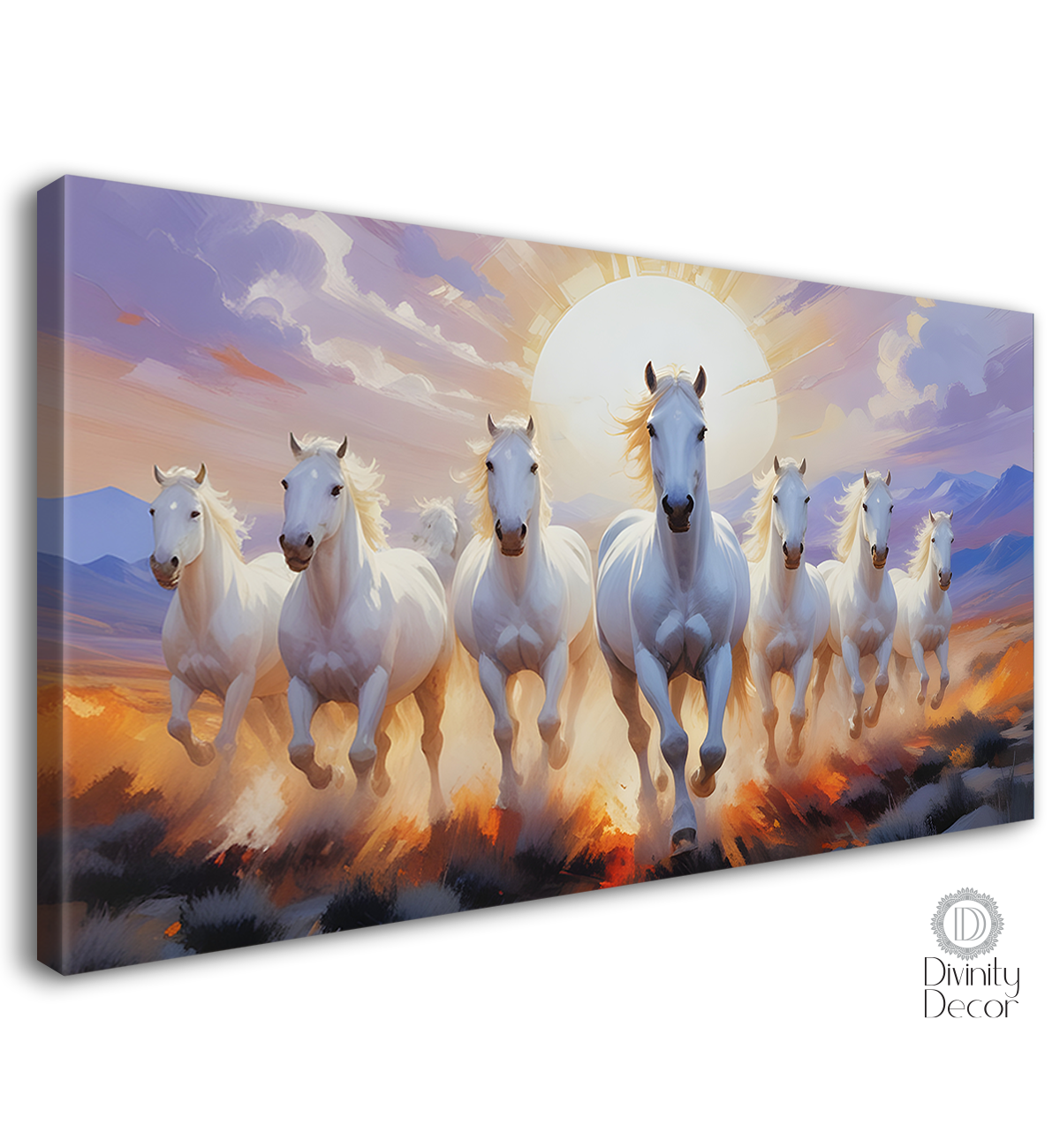 White running horses with mountains and sunrise textured background art Canvas Painting - Design - Horse-29