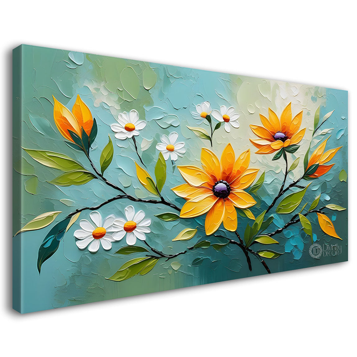 White and orange flowers in textured background oil painting- Design - Tree-290