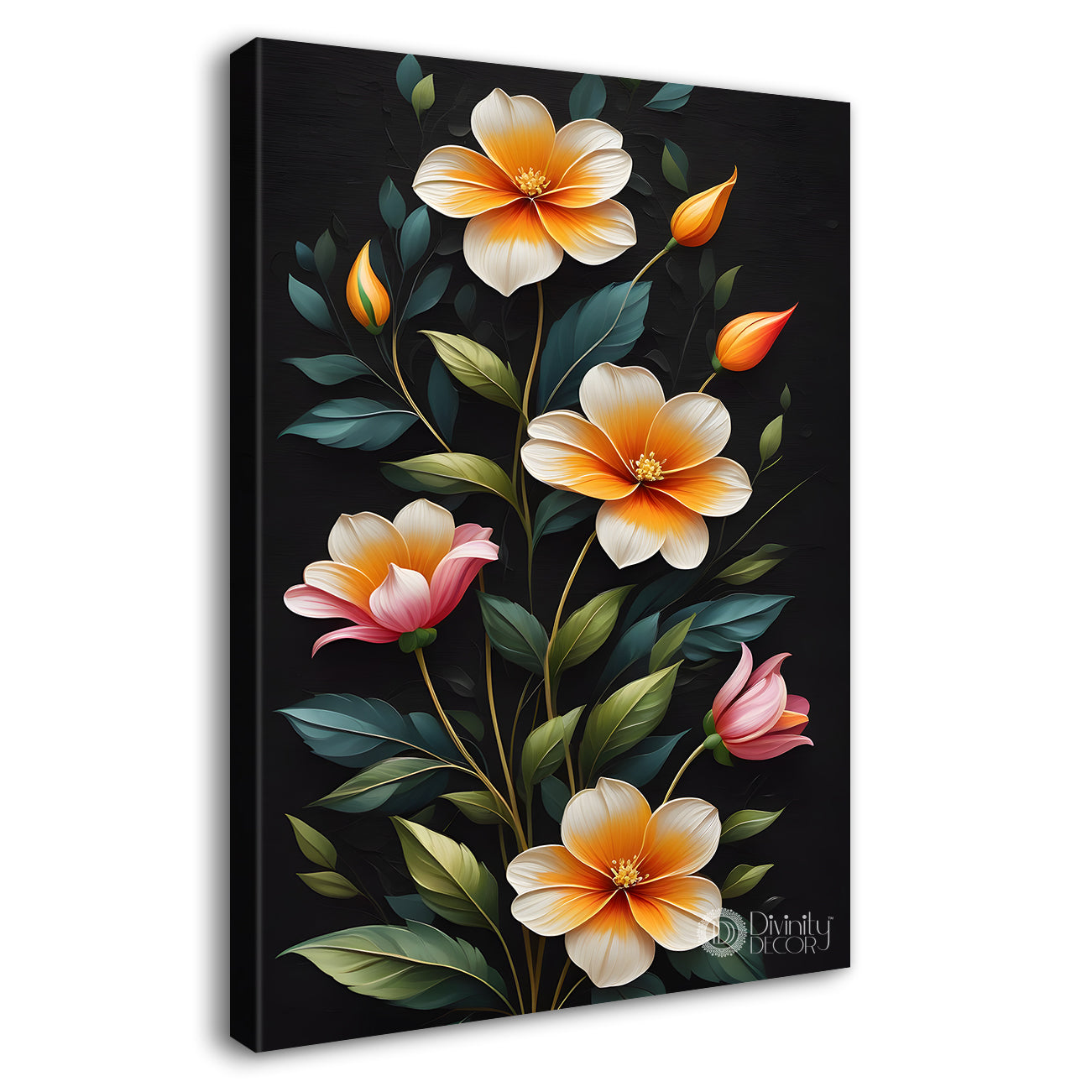 Orange flowers in dark textured painting- Flower-V-291