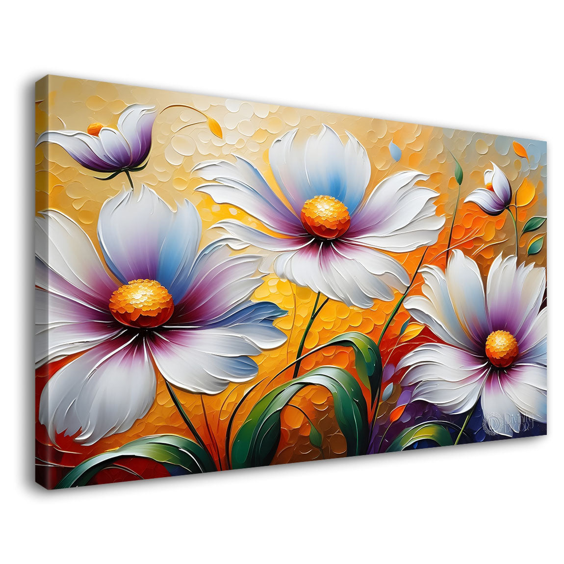 White flowers in yellow background canvas painting- Flower-291