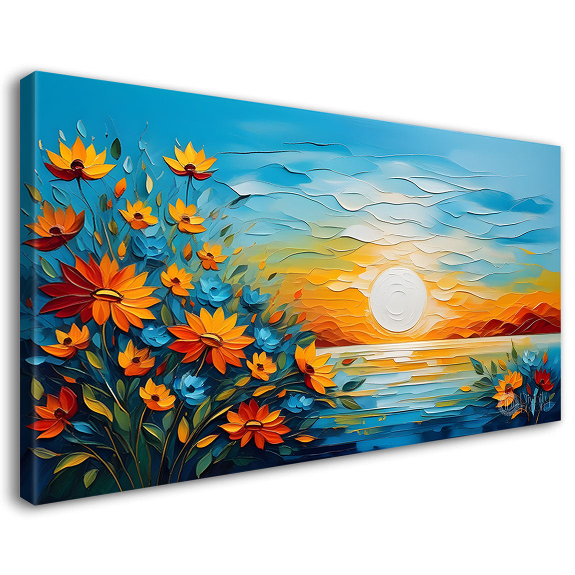 Mountains with flowers and sunset painting Canvas Painting - Nature Art -291