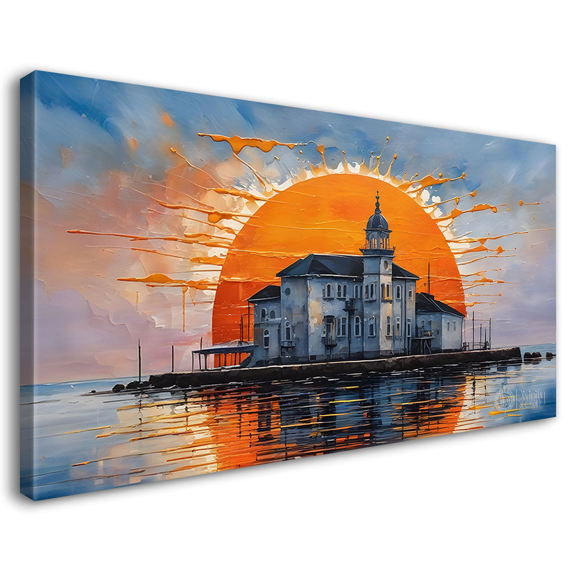 Villa in a river and sunset painting Canvas Painting - Nature Art -292