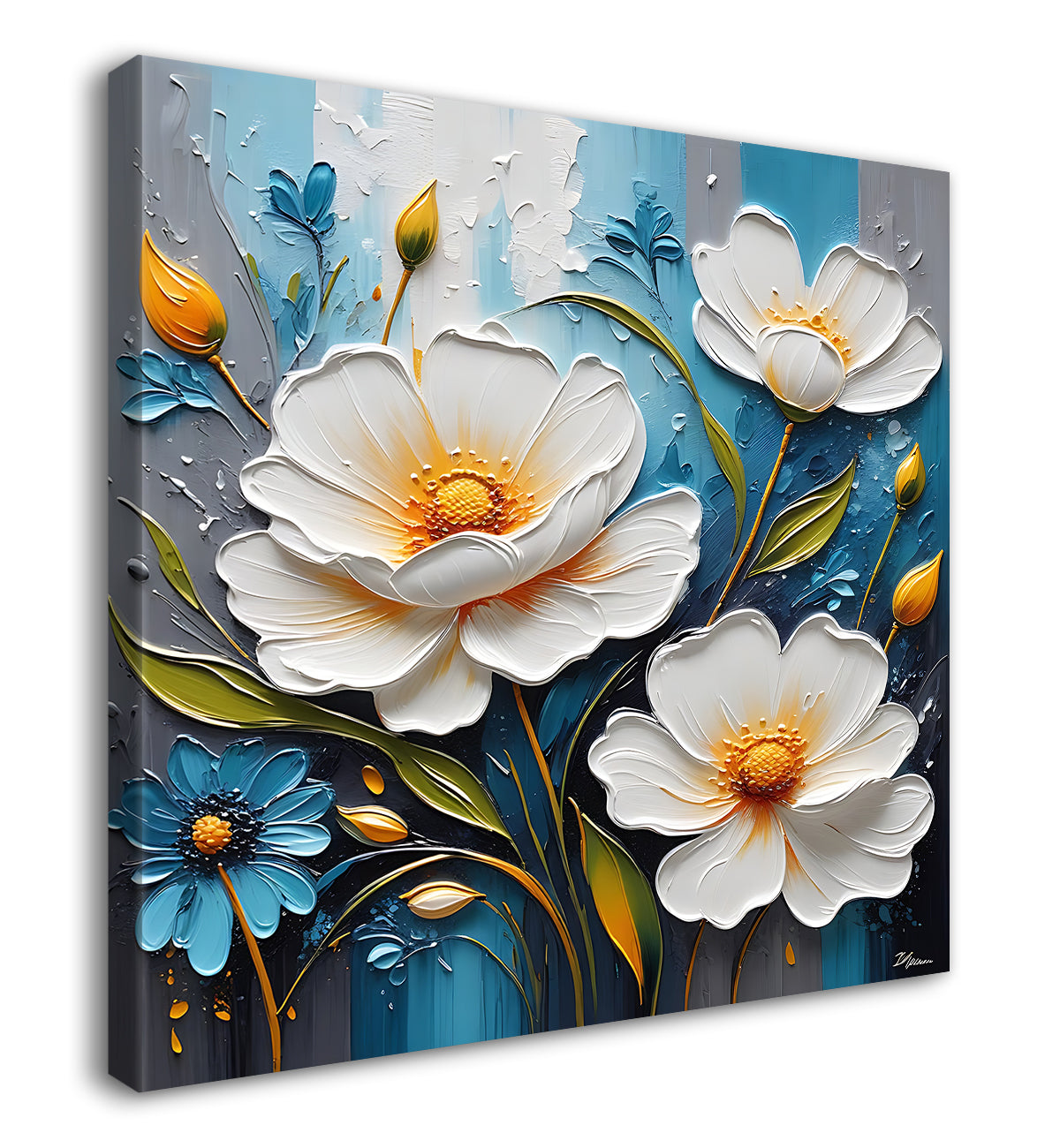 White flowers in light brown background painting - Flower-S-293