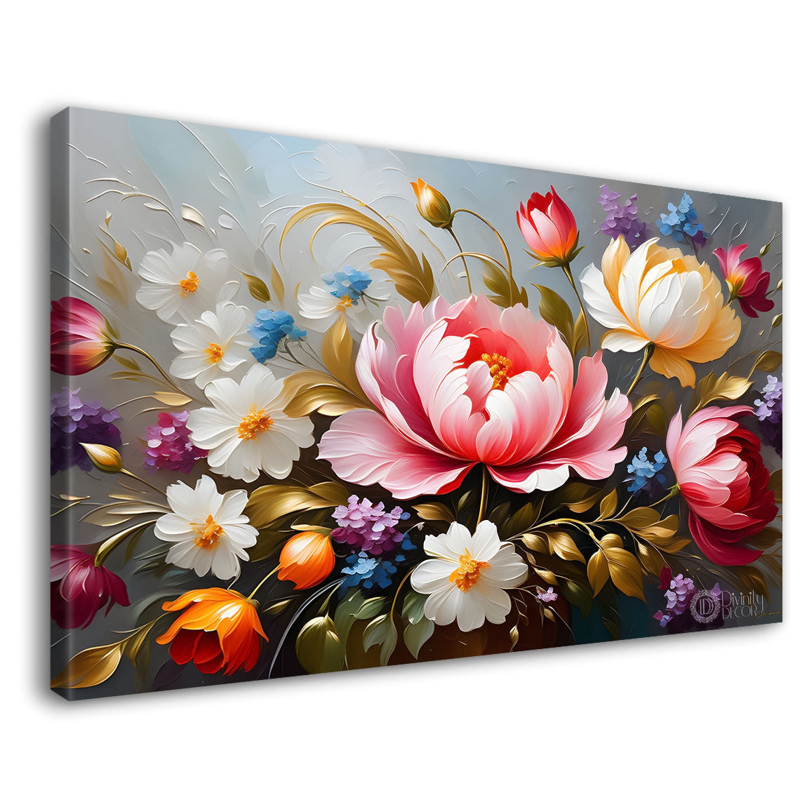 Pink wand white flowers in grey background canvas painting- Flower-293