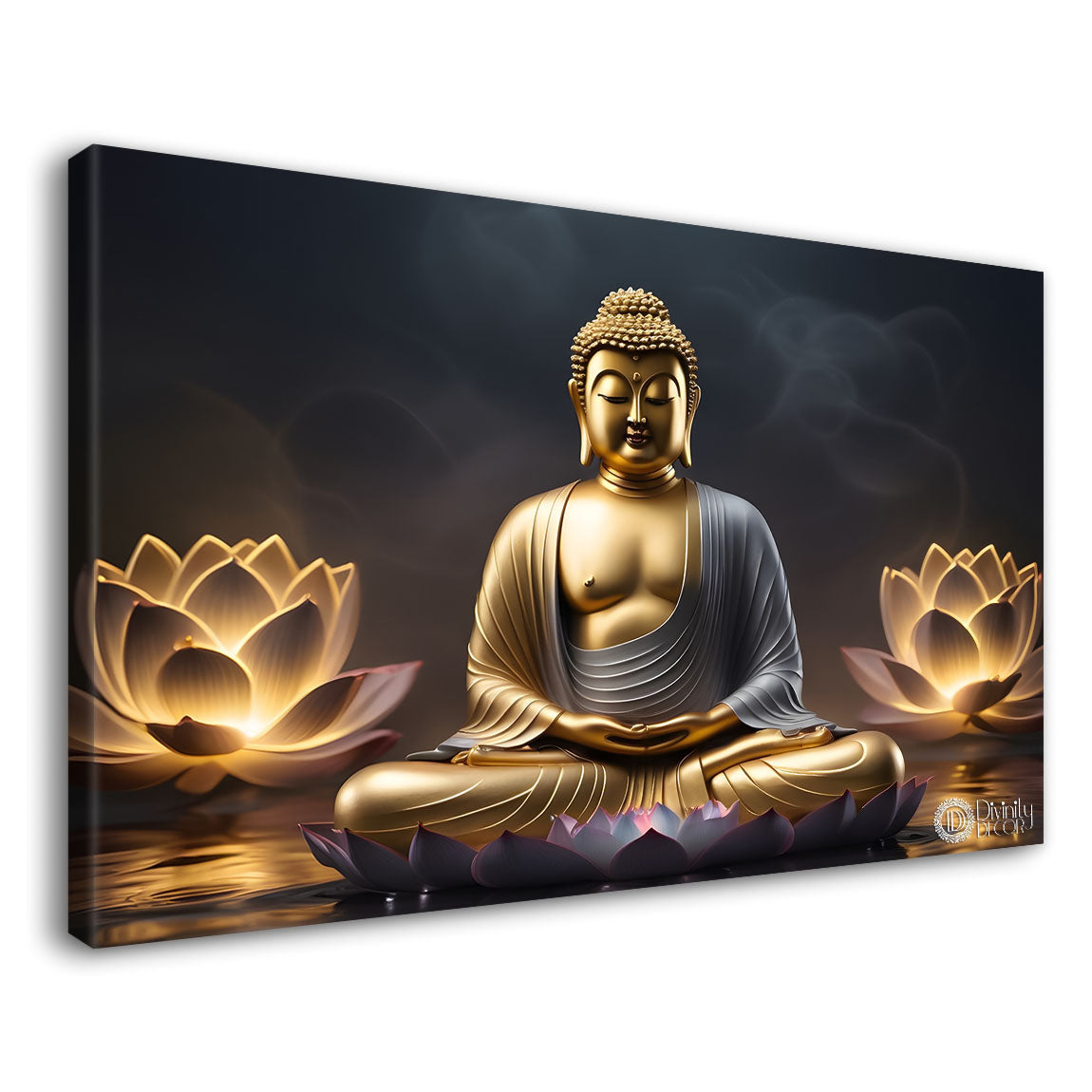 Buddha with dark and yellow  lotus textured background painting Canvas Wall Painting - Buddha-294