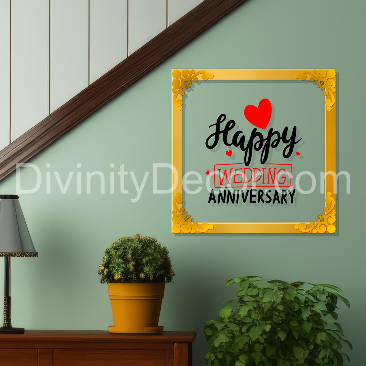 Happy wedding anniversary Golden Plaque for Gifting, Wall Décor Clear UV print with Golden Border-294