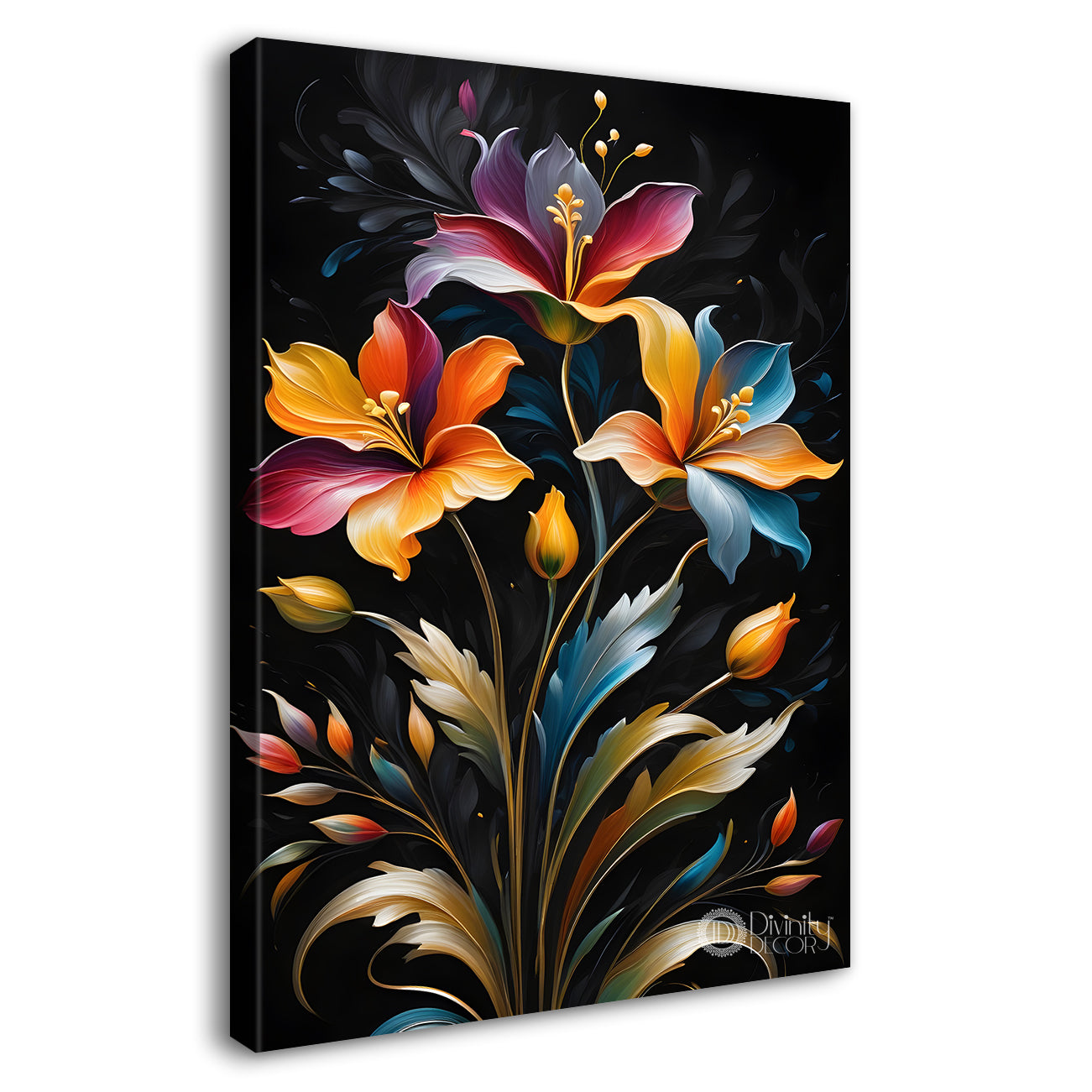 Colourful flowers in dark textured painting- Flower-V-294