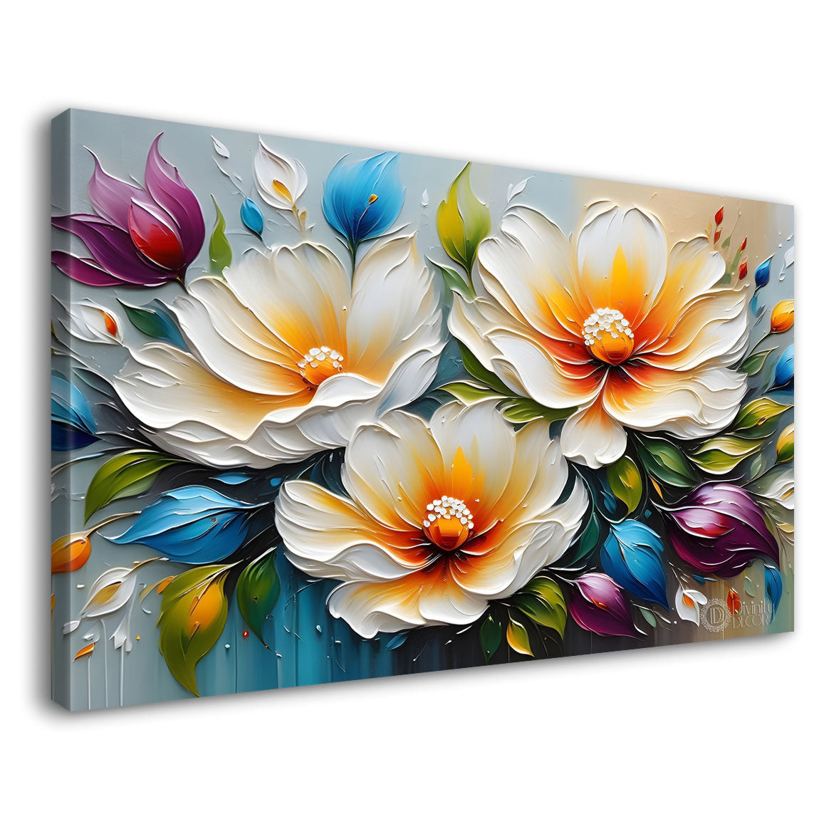 White flowers in blue background canvas painting- Flower-294