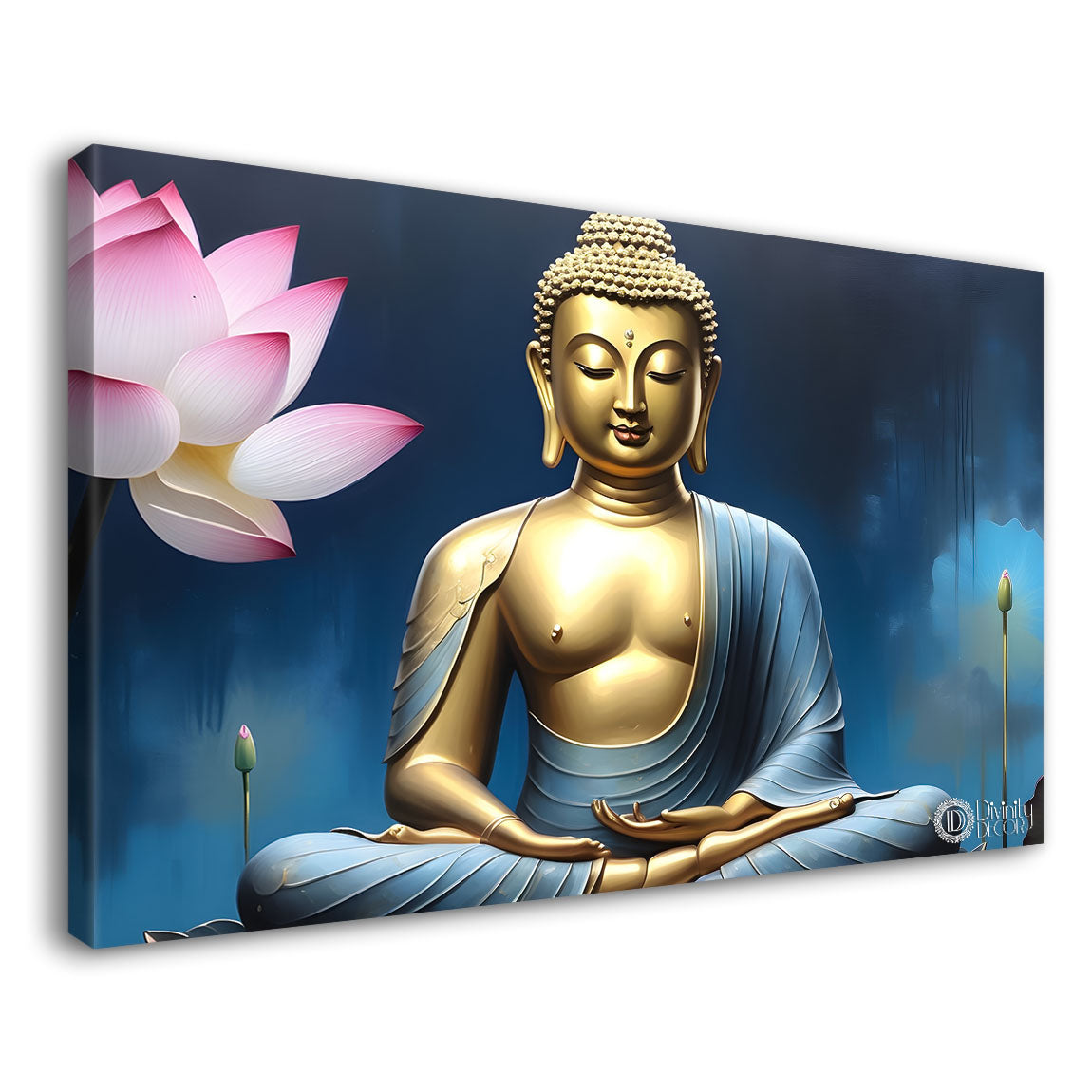 Golden buddha with pink lotus and blue textured background painting Canvas Wall Painting - Buddha-295