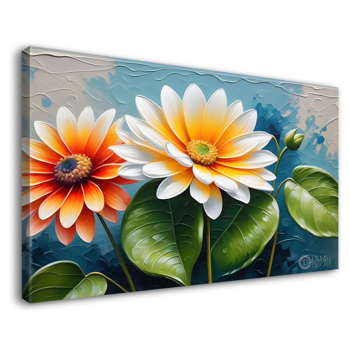 White flowers in blue background canvas painting- Flower-295