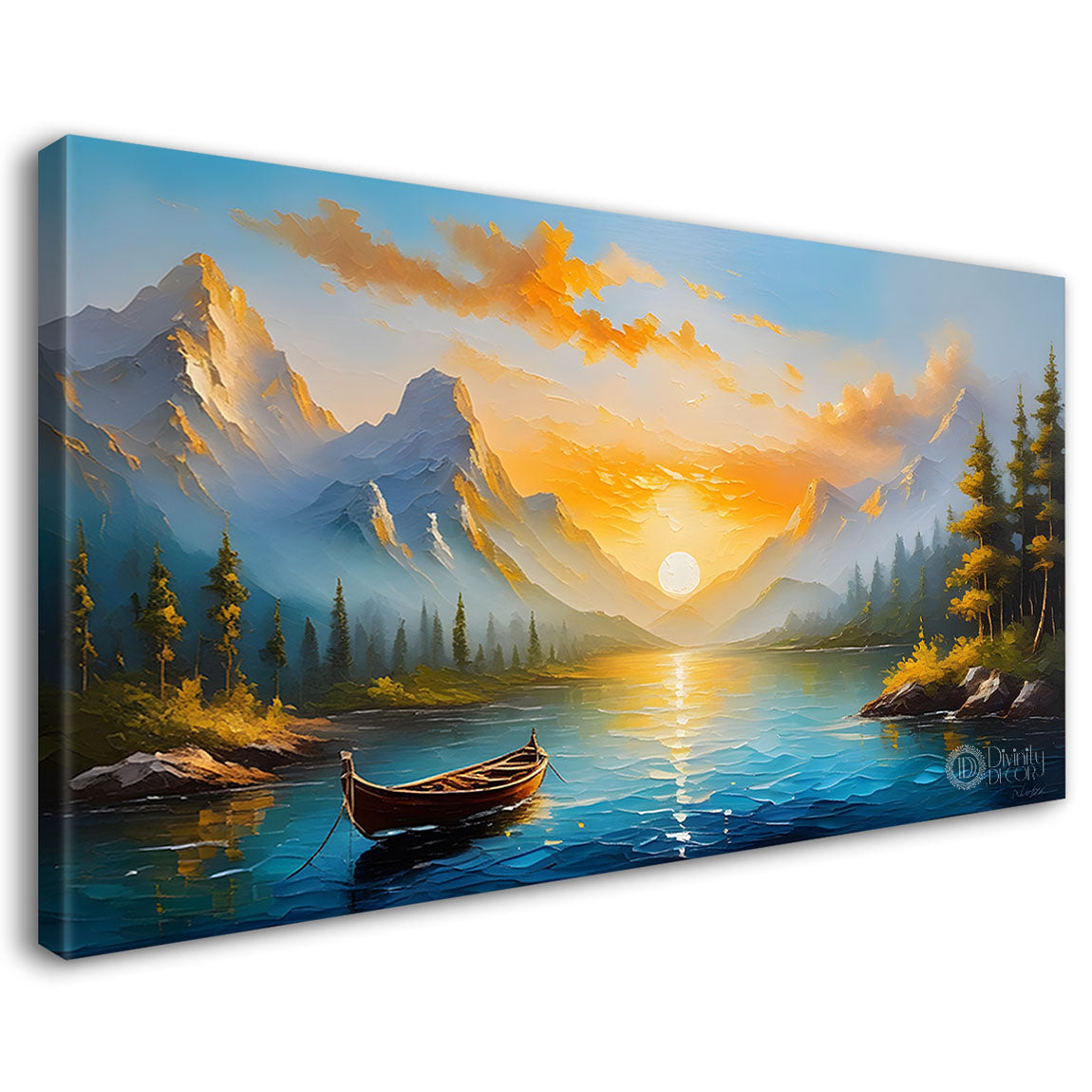 Mountains and boat on river painting Canvas Painting - Nature Art -295