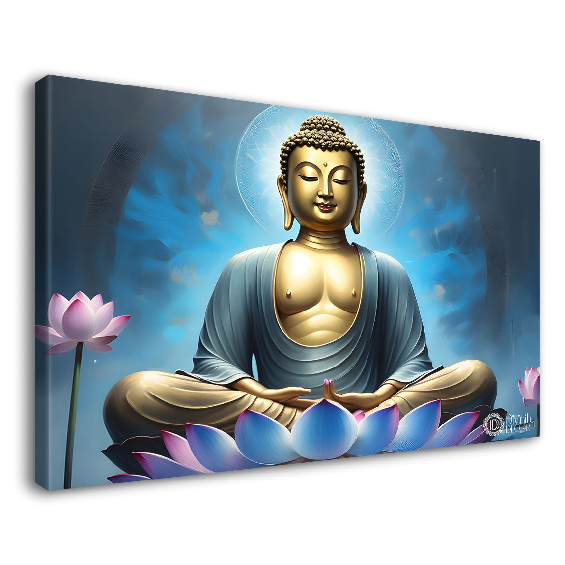 Golden buddha with pink lotus and blue textured background painting Canvas Wall Painting - Buddha-296