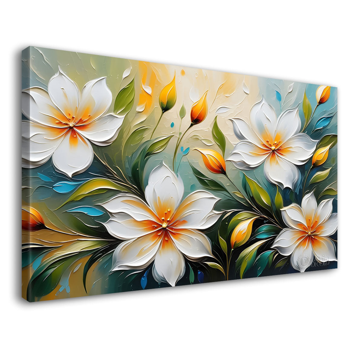 White flowers in blue background canvas painting- Flower-296