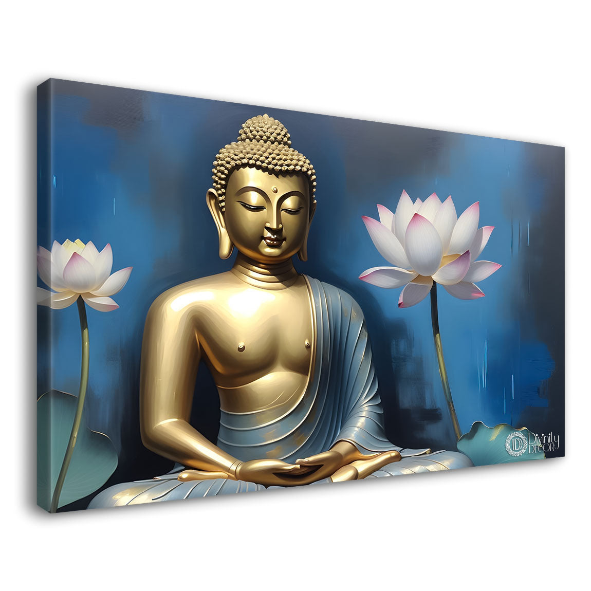 Golden buddha with pink lotus and blue textured background painting Canvas Wall Painting - Buddha-297