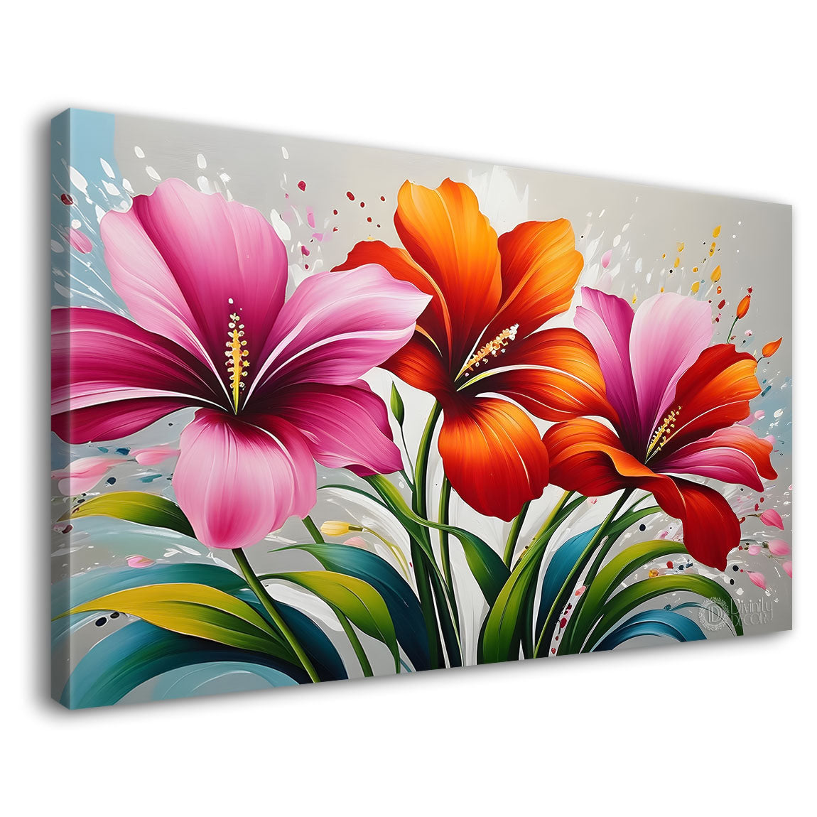 Pink flowers in grey background canvas painting- Flower-297