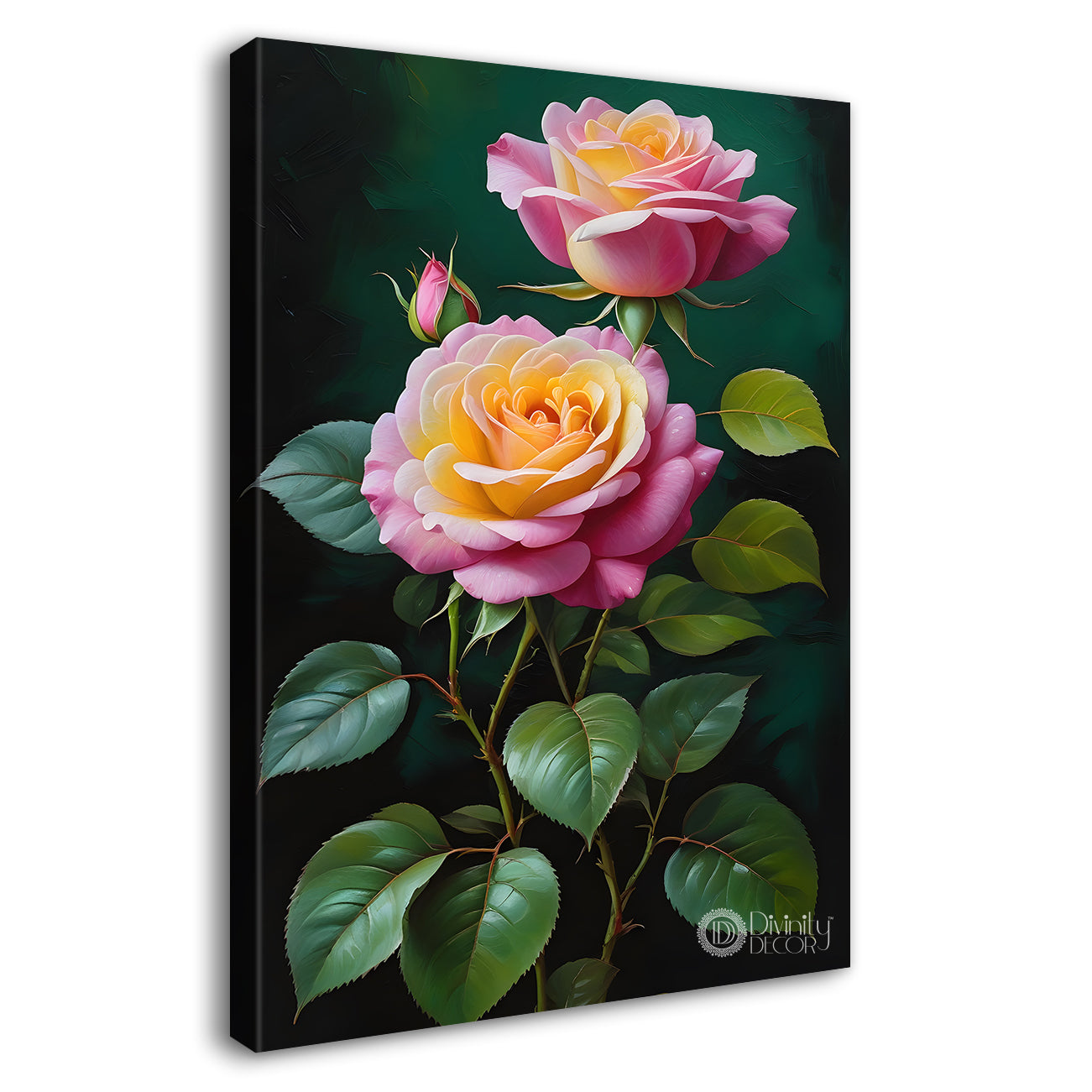 Pink flowers in green textured painting- Flower-V-297