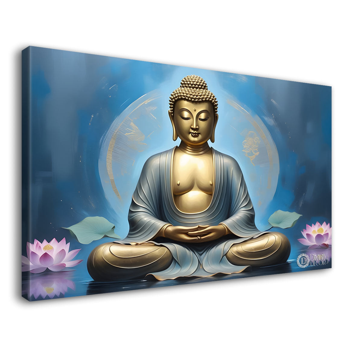 Golden buddha with pink lotus and blue textured background painting Canvas Wall Painting - Buddha-298