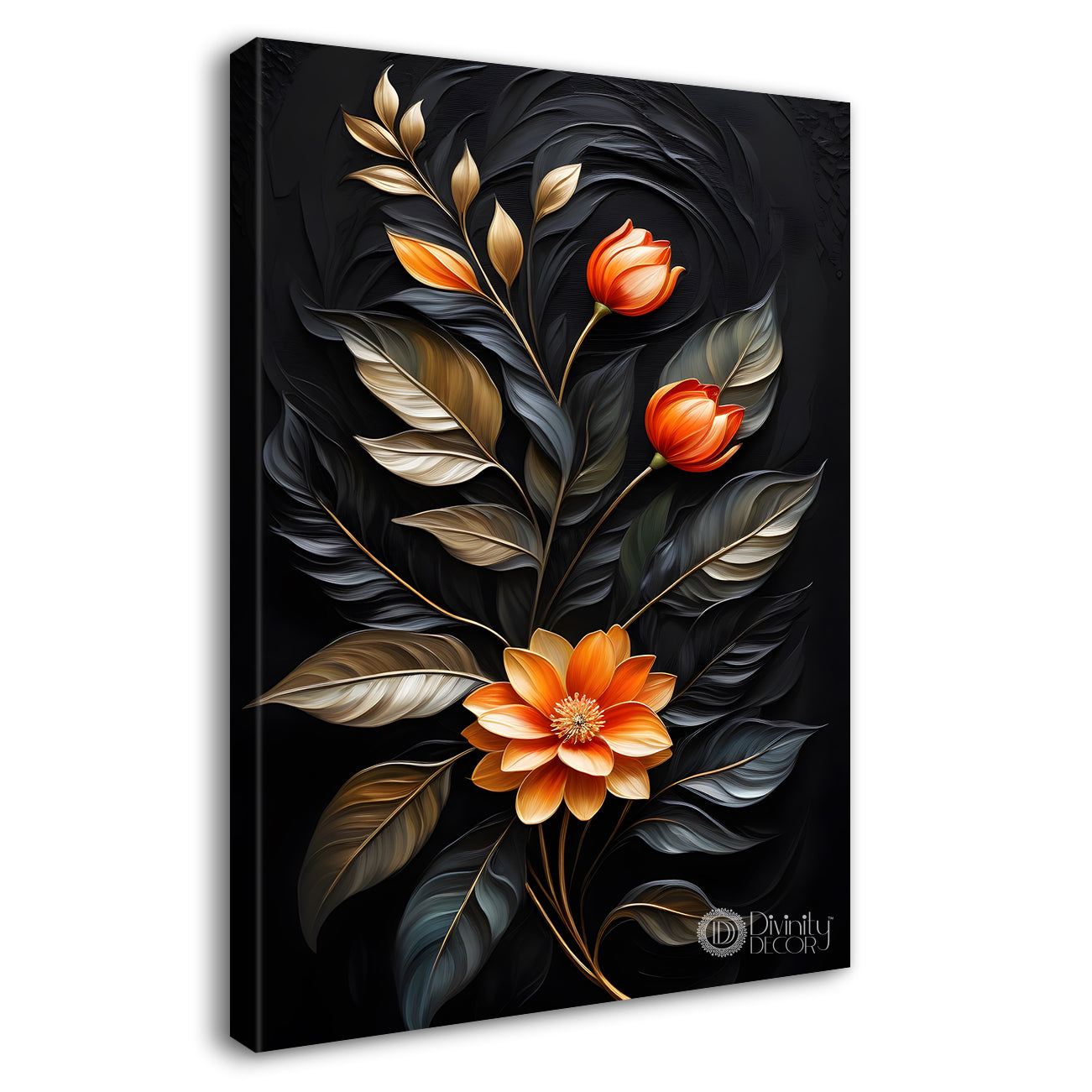 Orange flowers in dark textued painting- Flower-V-298
