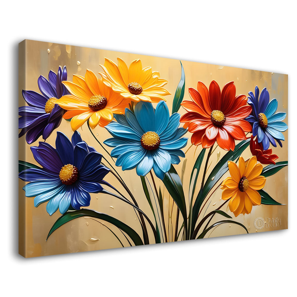 Colorful flowers in yellow background canvas painting- Flower-298