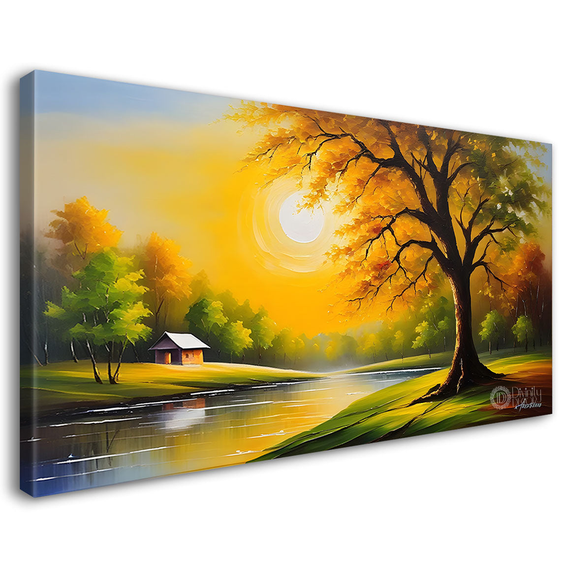 Trees and lake in textured painting Canvas Painting - Nature Art -298