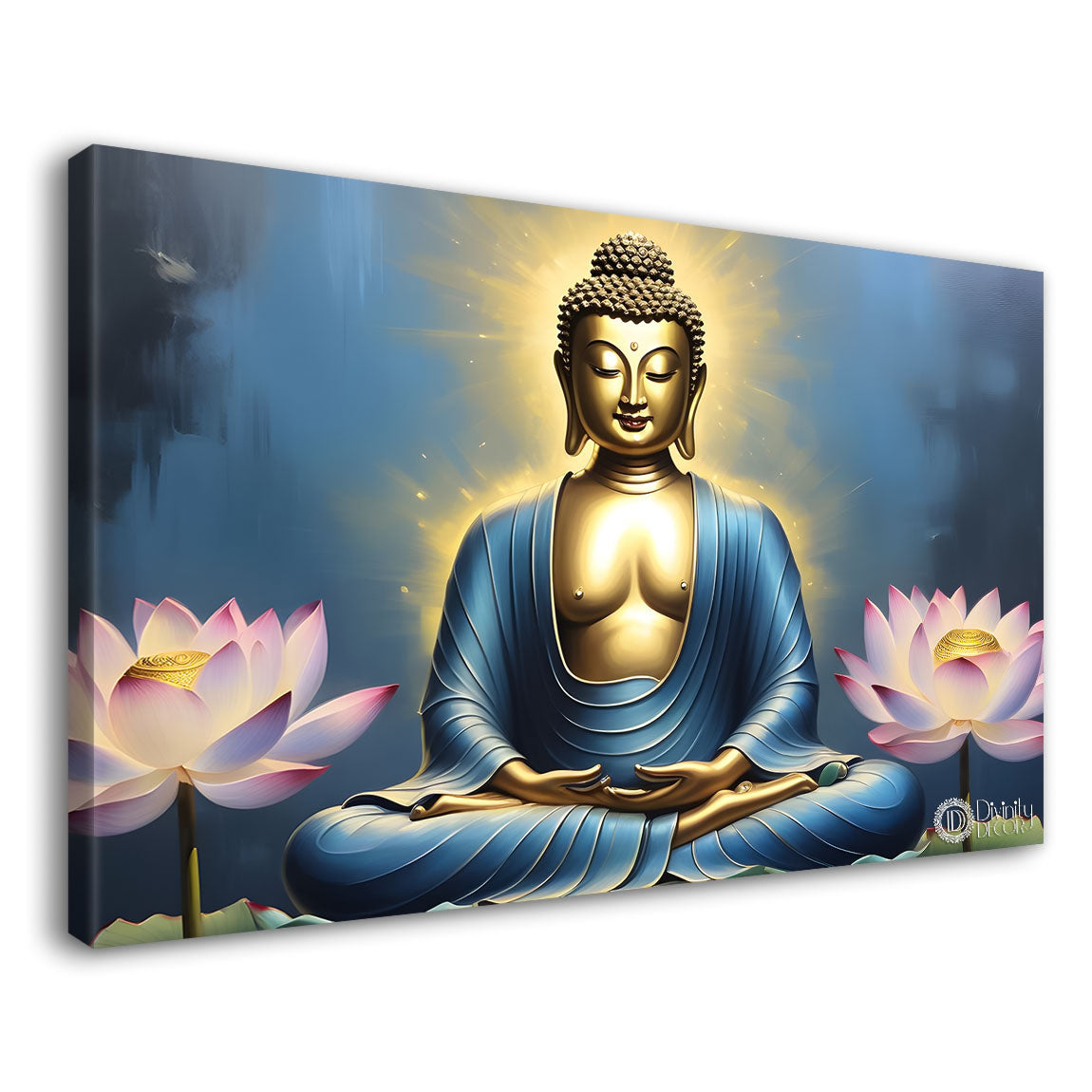 Golden buddha with pink lotus and blue textured background painting Canvas Wall Painting - Buddha-299