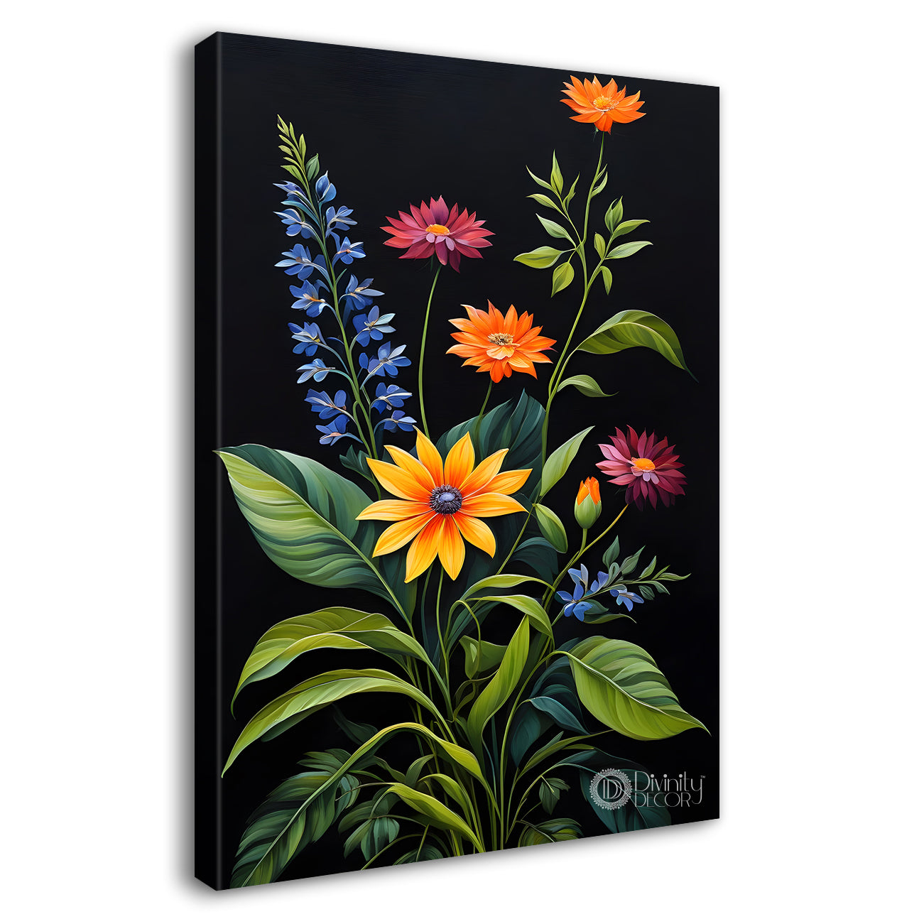 Colourful flowers in dark textured painting- Flower-V-299