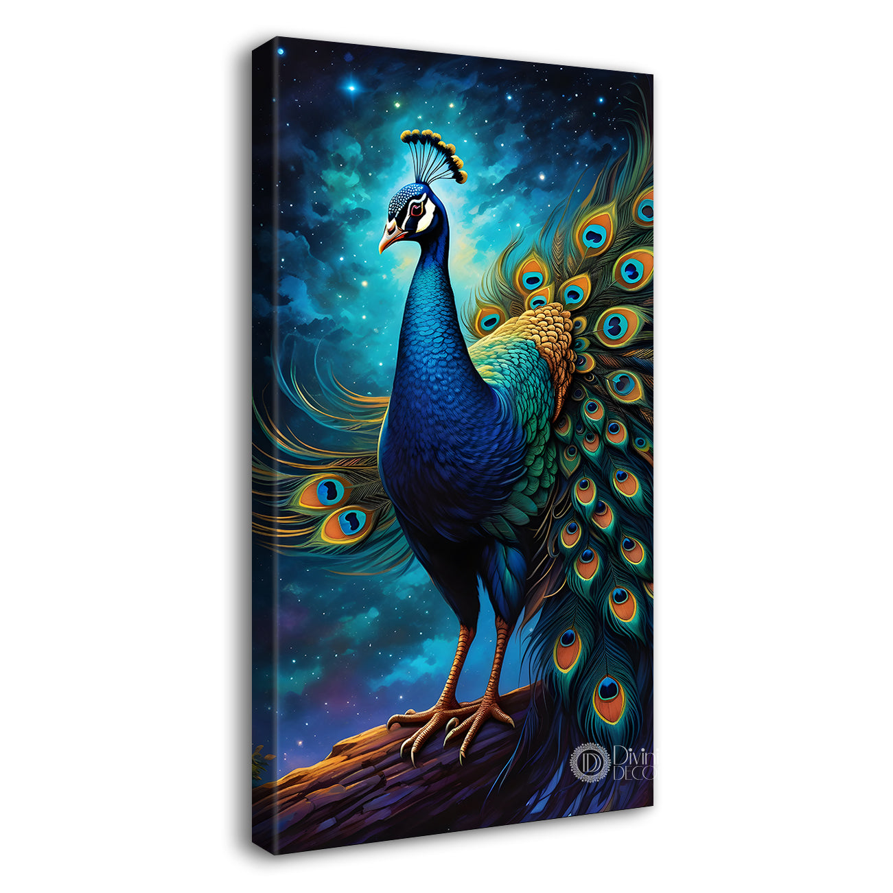 Peacock in front of moon with blue background modern art painting  - Design - Peacock-V-29