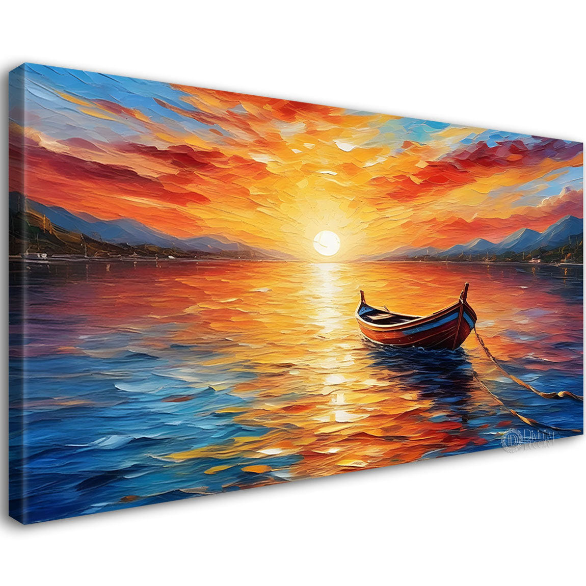Boat in sea with sunset background textured modern art canvas painting - Design - River-29
