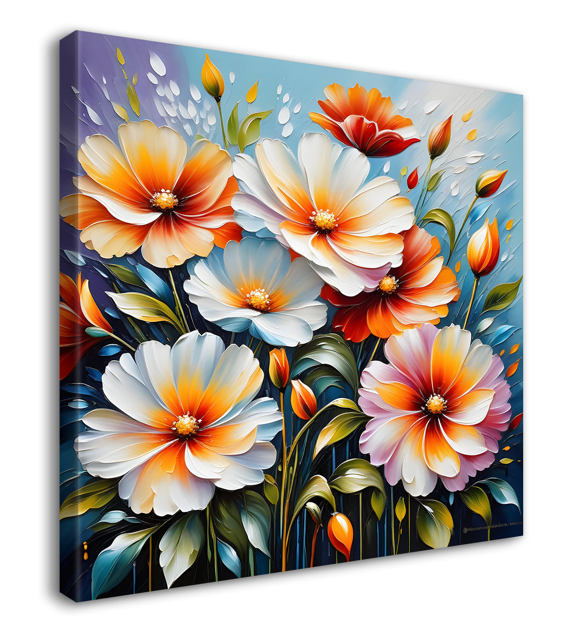 Peach flowers in blue background textured painting  - Flower-S-29