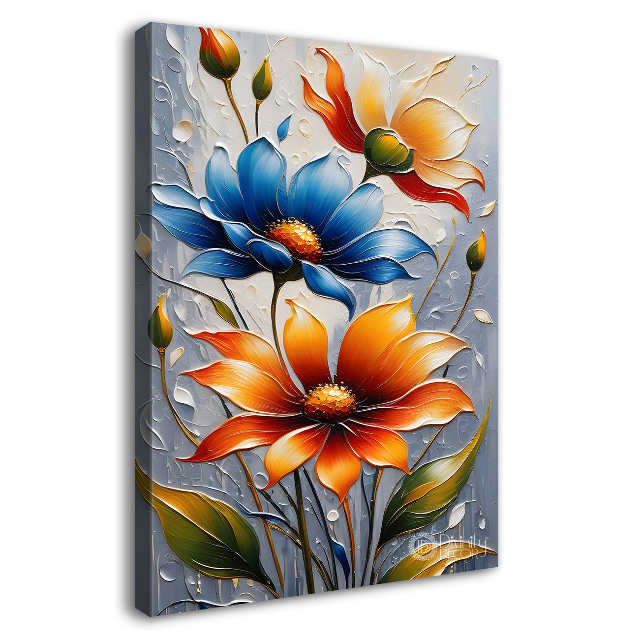 Colourful flowers in grey textured background painting - Flower-V-29