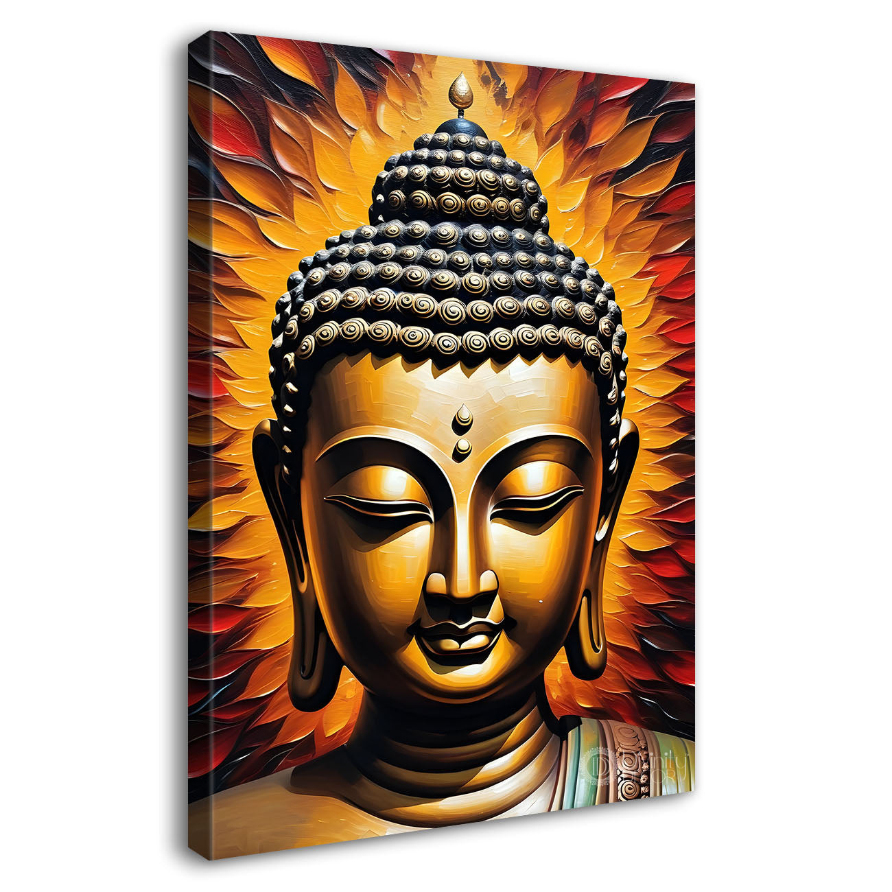 Golden buddha face with yellow and red background textured painting- Buddha-V-29