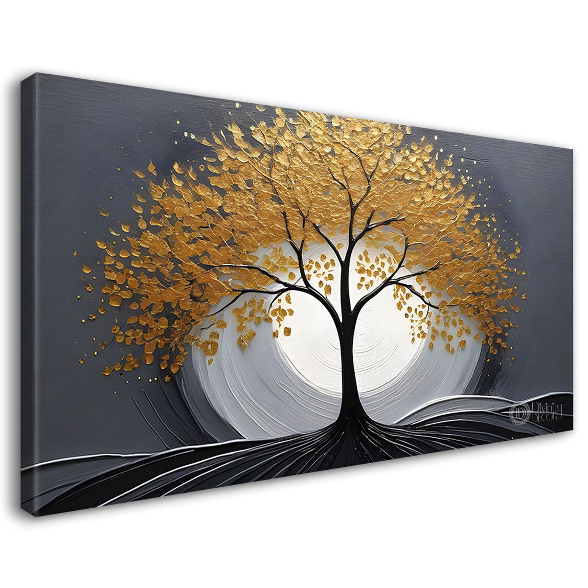 Golden tree in grey background textured modern art Canvas Painting - Design - Tree-29