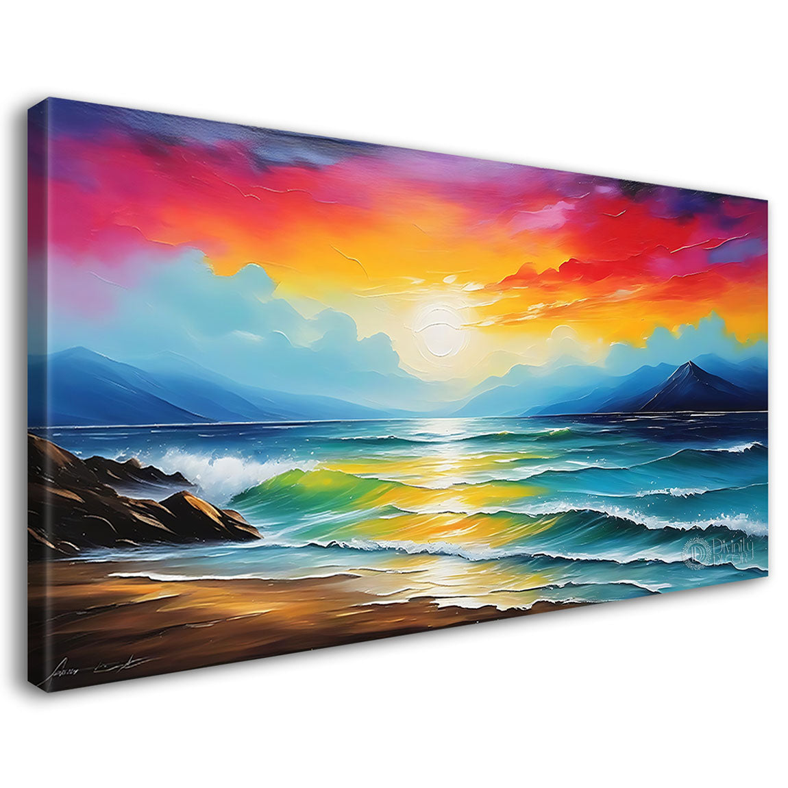 Mountains with sea with colorful sky in textured natural art Canvas Painting - Nature Art -29