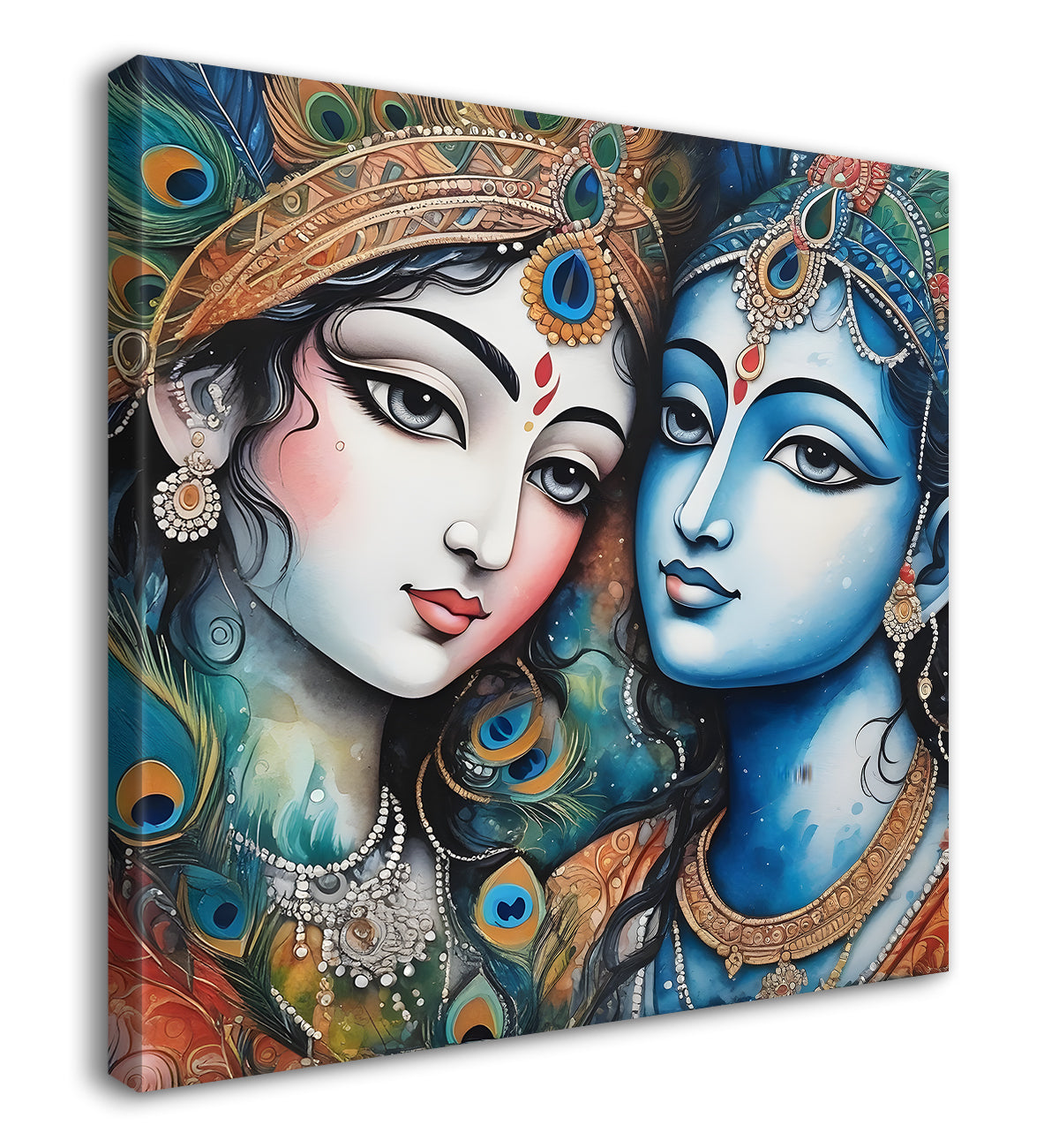 Blue face of krishna with radha in oil painting Canvas Painting 24X24- Design - Krishna-S-29