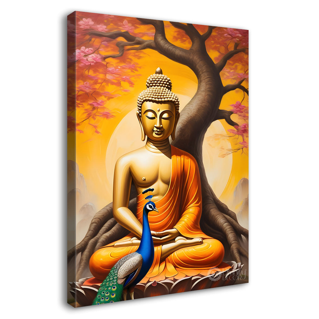 Golden buddha sitting on lotus with trees,peacock and orange background textured painting - Buddha-V-2