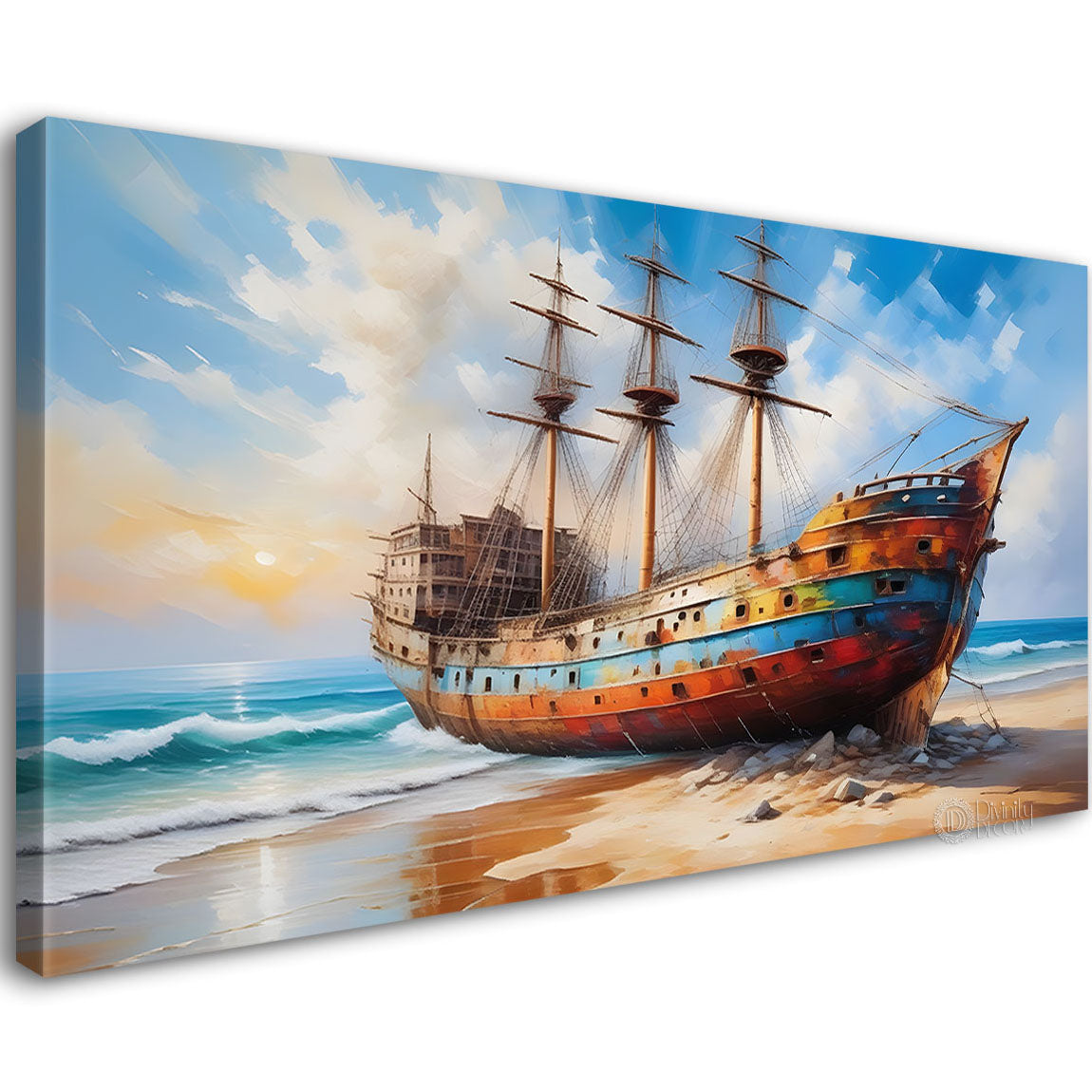 Ship in ocean textured modern art canvas painting - Design - River-2